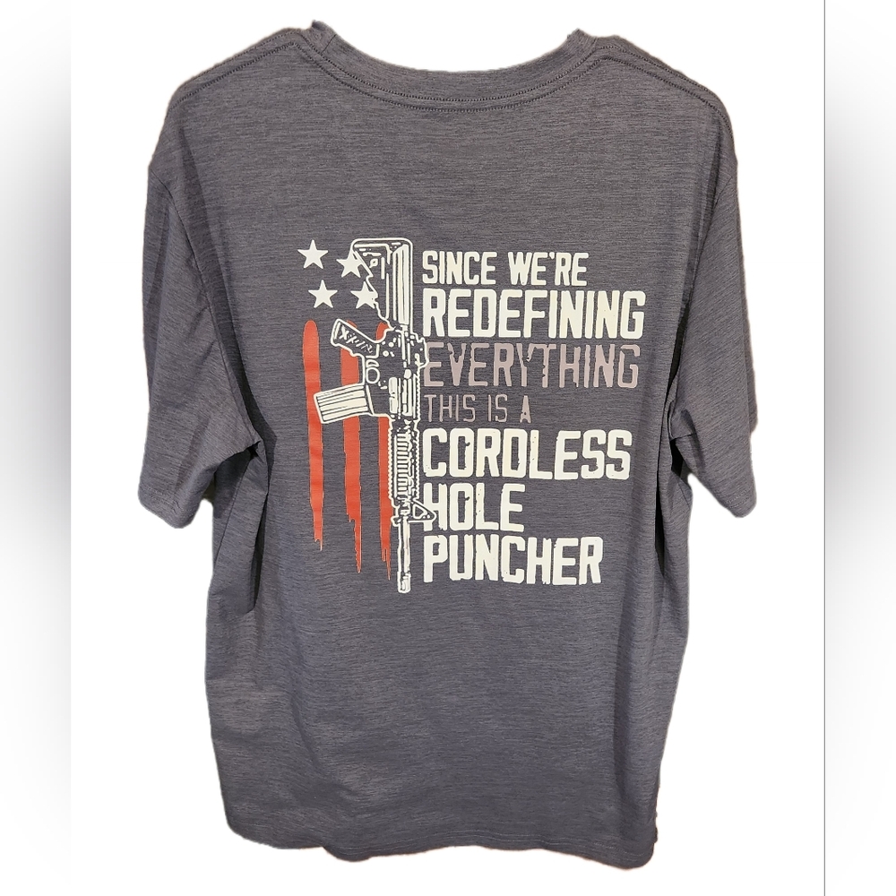 Funny Cordless Hole Puncher T-Shirt - Grey - Men's Large